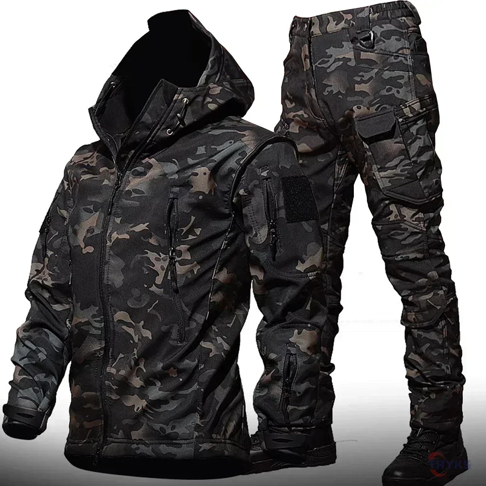 Fishing Pants Waterproof - 6XL TAD 戦術男性狩猟ハイキング釣り探検服スーツ迷彩サメ皮狩猟防水フード付きジャケット + パンツ