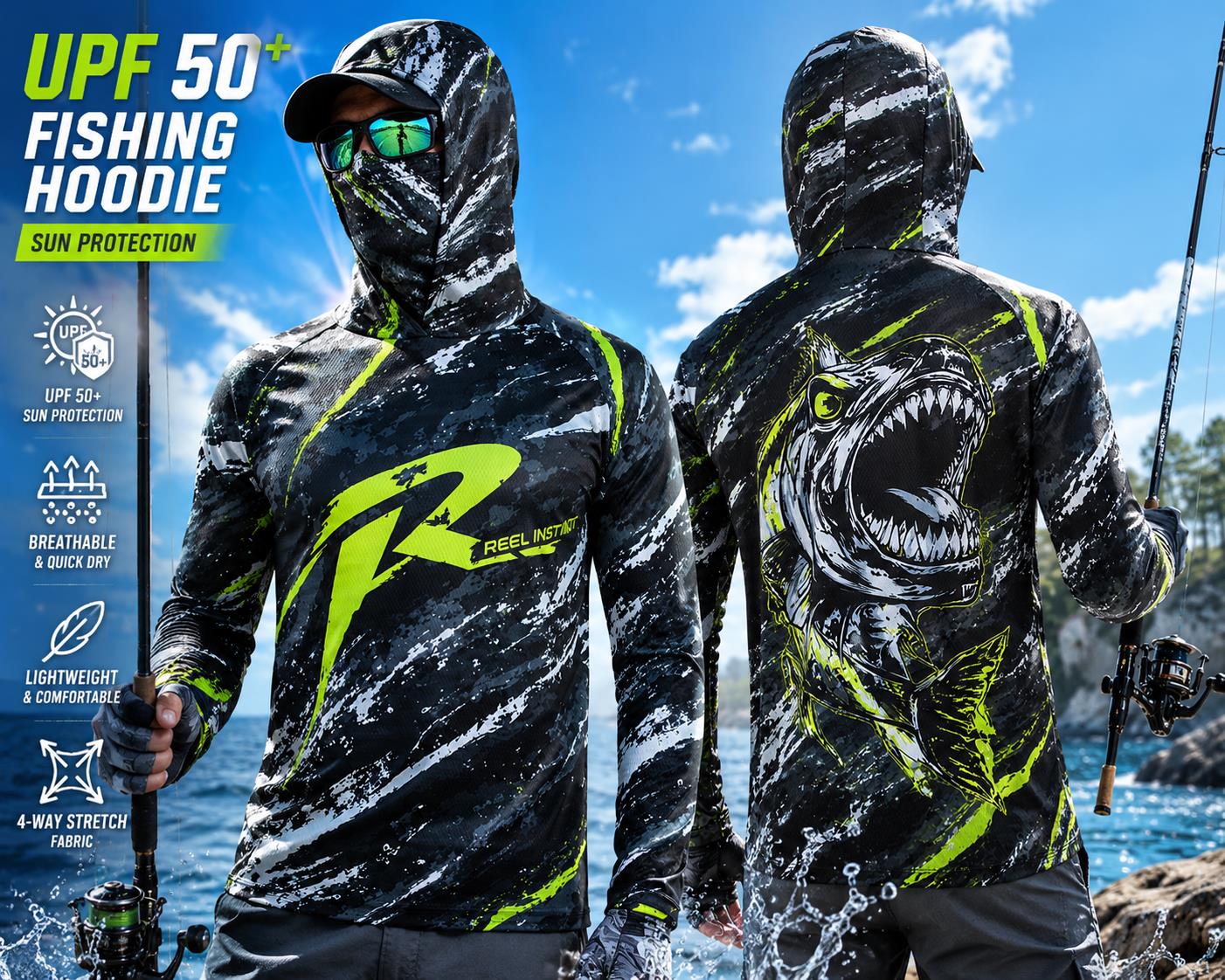 Fishing Mask Sun Protection - 屋外用日焼け防止長袖フィッシングトップ ネックマスク付き プリント入り ユニセックス バック大型フィッシュボーン 軽量