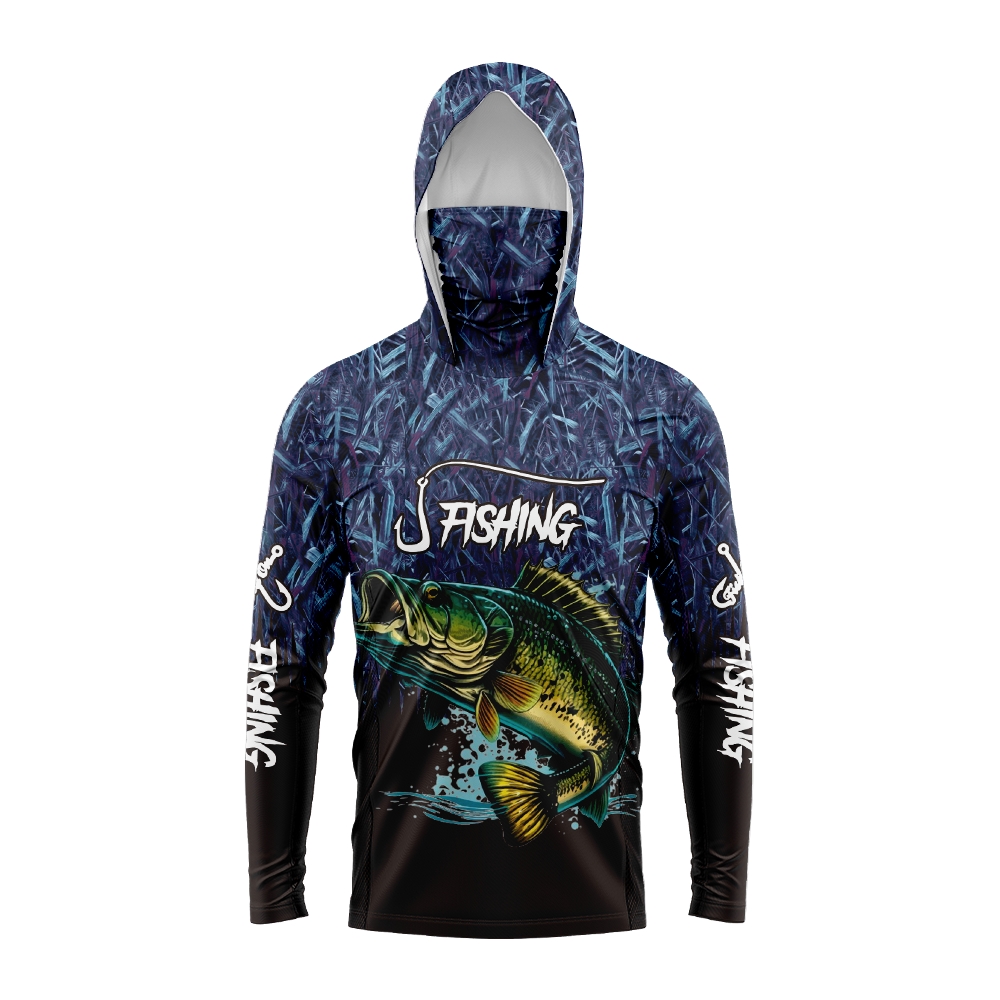 Fishing Hoodie - メンズバスフィッシュプリントフィッシングフーディー、フェイスマスク付き、速乾性、通気性、長袖、アウトドア釣りスポーツシャツ