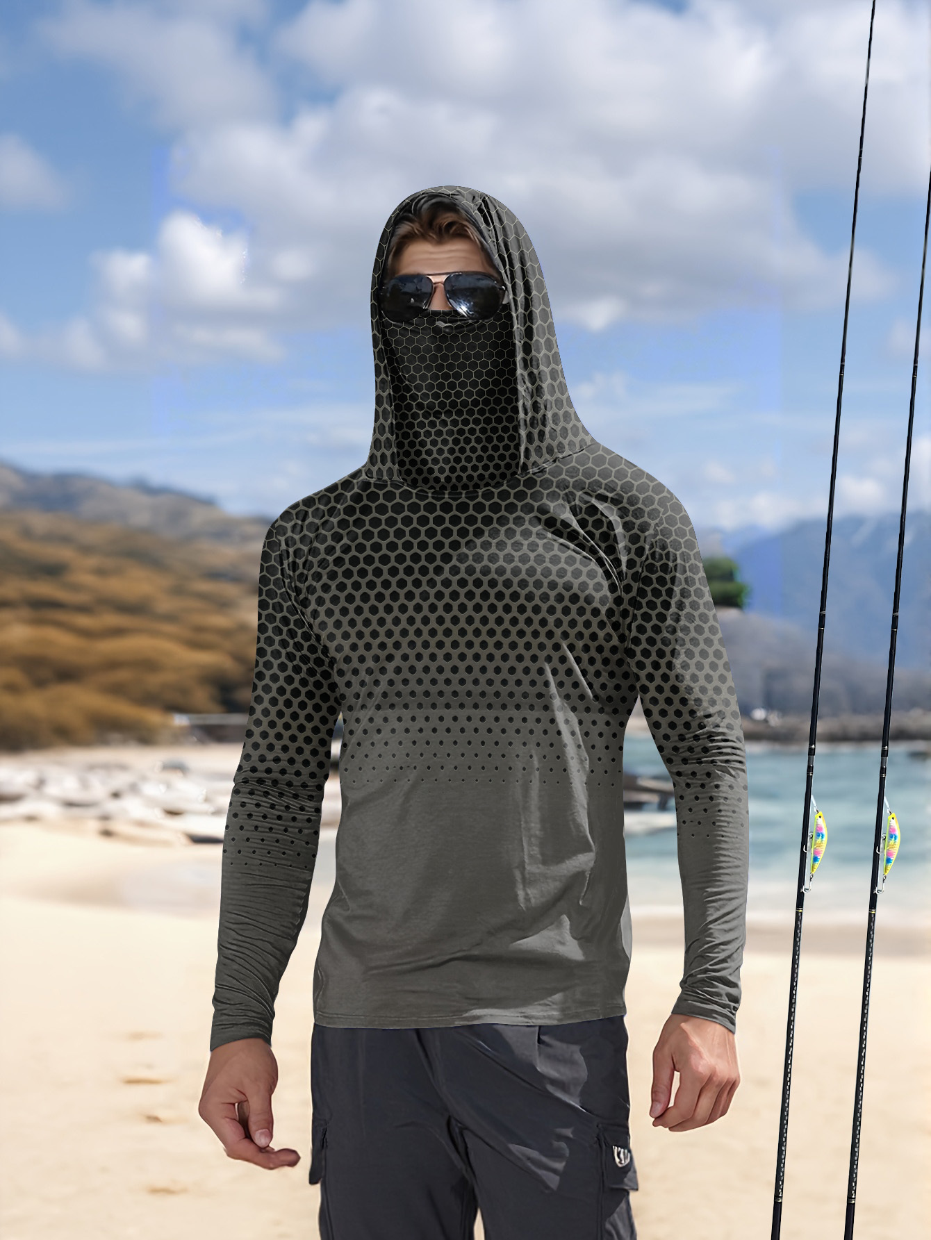 Fishing Mask Sun Protection - メンズサマーUPF50+フィッシングフーディー、フェイスマスク付き、グレーハニカムプリント、速乾性、通気性、長袖フィッシングシャツ