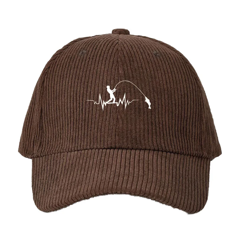 Fishing Hat - カスタマイズ可能なコーデュロイ素材の野球帽。男性・女性向け。釣りをテーマにしたデザインで、サイズ調整可能なダッドキャップ。ルアーとフックのデザインが施された、アウトドアスポーツ用の帽子。
