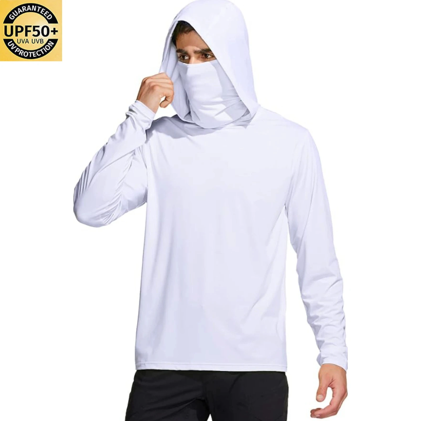Fishing Mask Sun Protection - メンズ無地フード付きフィッシングシャツ、内蔵フェイスマスク、UPF50+ UV保護、速乾性、長袖、アウトドア日焼け防止トップス