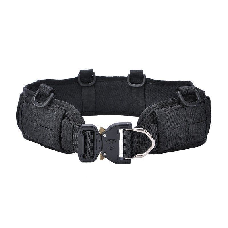 Fishing Belt - 黒色のパッド入りタクティカルフィッシングベルト。Dリング付きで、アウトドア、キャンプ、ハイキング、狩猟に最適。調整可能なクイックリリースバックル付き。