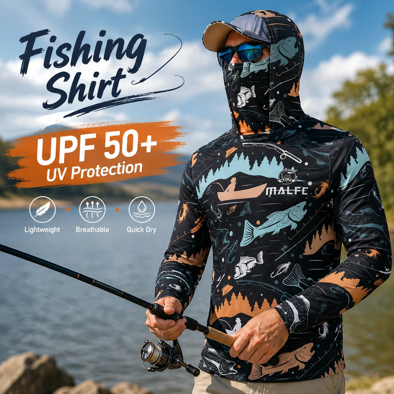 メンズ用、UPF50+の紫外線カット機能付き、フード付きフェ - Fishing Mask Sun Protection のレビューと価格