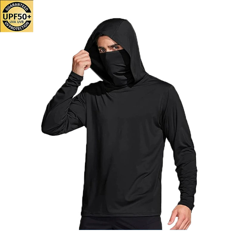 メンズ無地フード付きフィッシングシャツ、内蔵フェイスマスク、 - Fishing Mask Sun Protection のレビューと価格