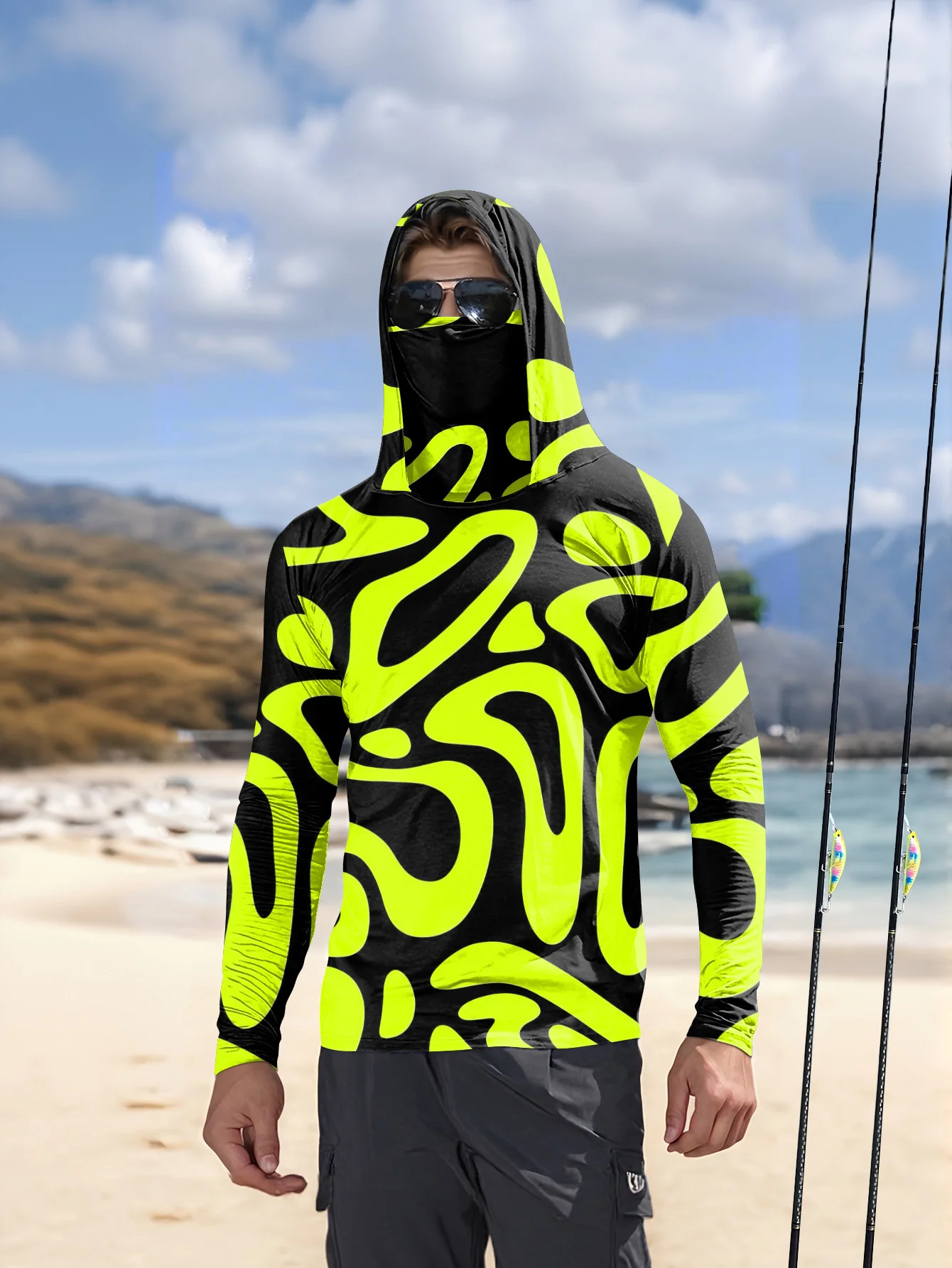メンズ用、ネオンカラーの抽象柄プリントが施されたフード付きフ - Fishing Mask Sun Protection のレビューと価格