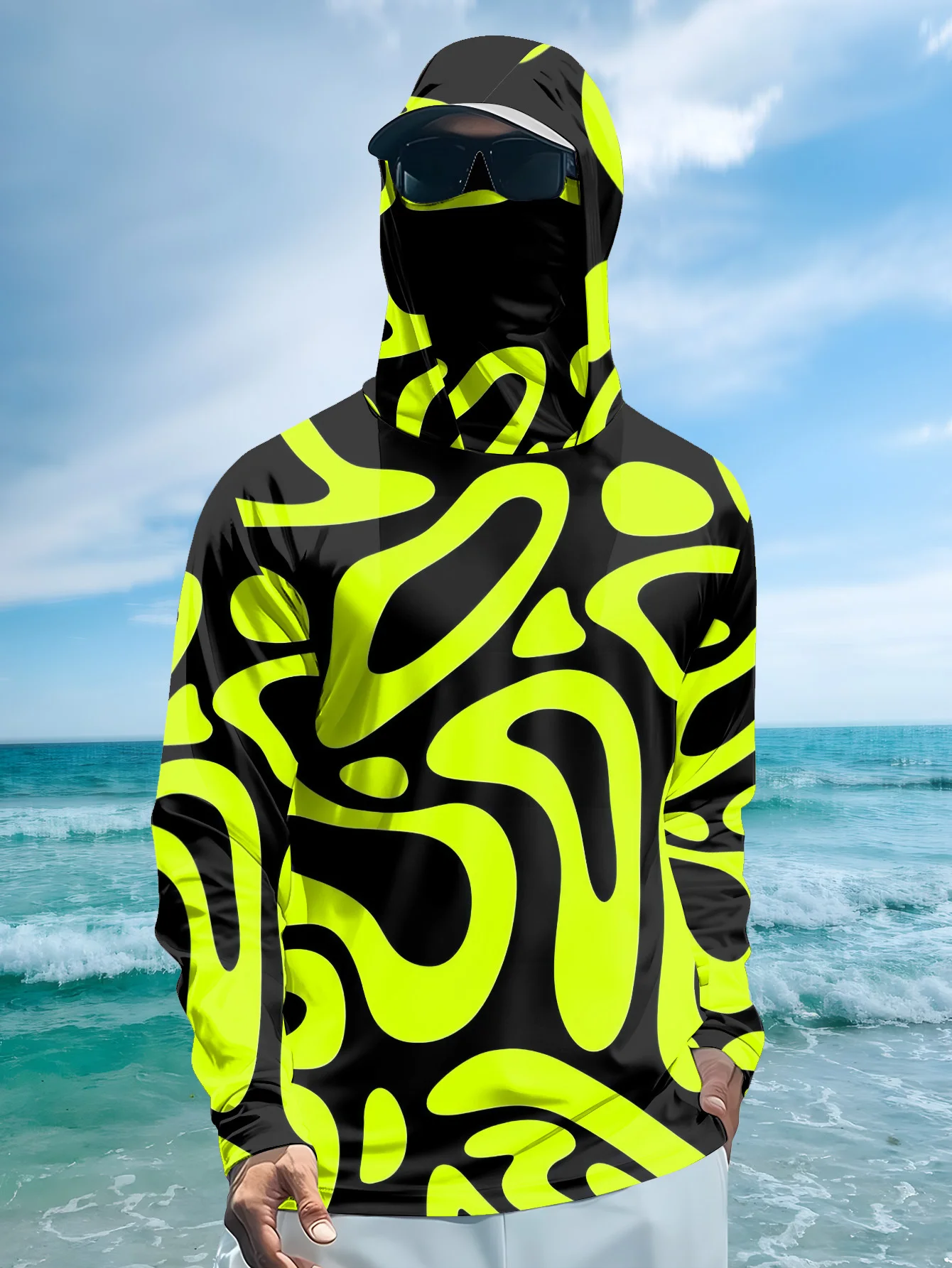 メンズ用、ネオンカラーの抽象柄プリントが施されたフード付きフ - Fishing Mask Sun Protection のレビューと価格