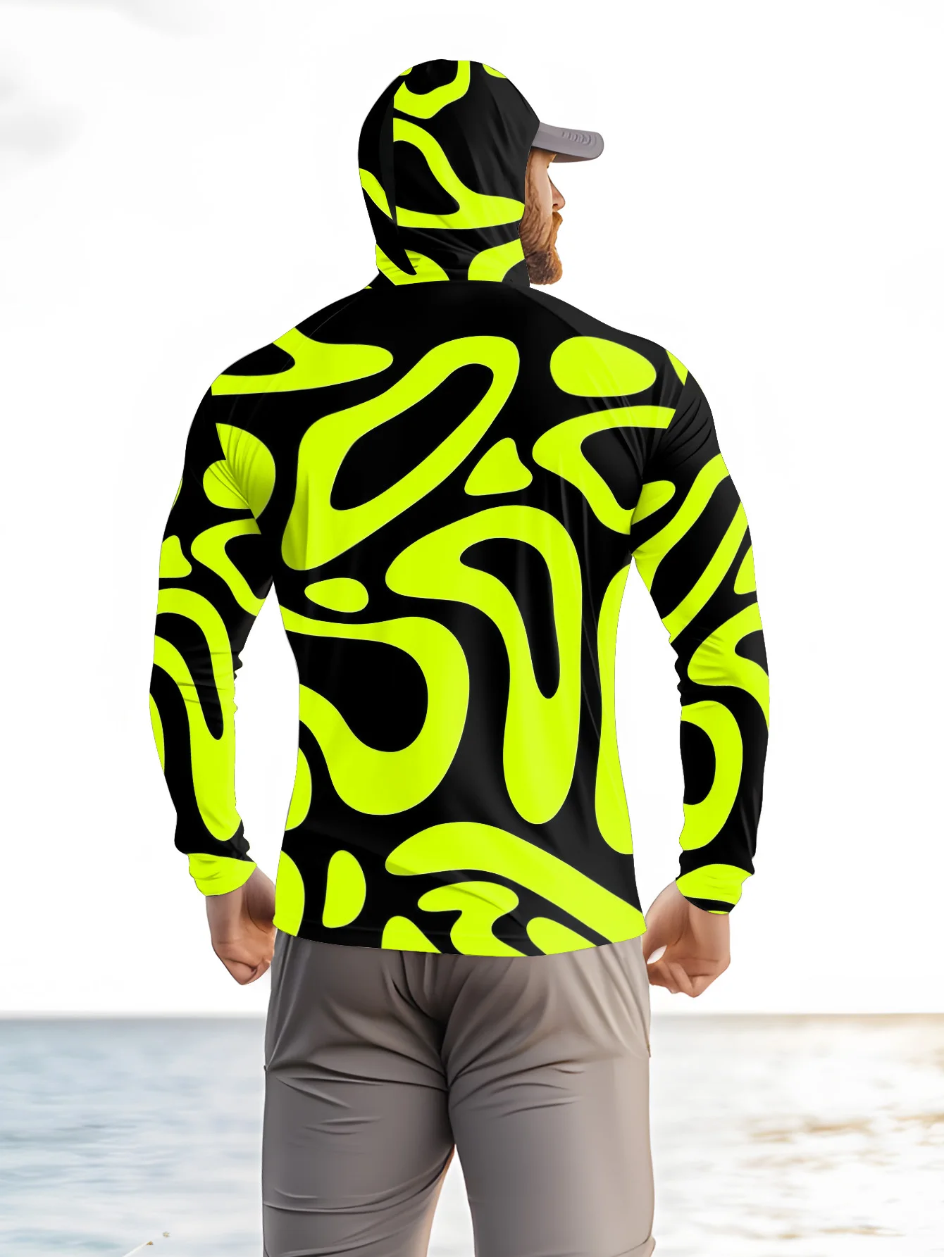メンズ用、ネオンカラーの抽象柄プリントが施されたフード付きフ - Fishing Mask Sun Protection のレビューと価格