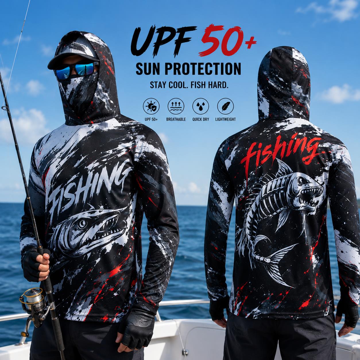 速乾性通気性メンズフィッシングフーディー グラデーションバス - Fishing Hoodie のレビューと価格