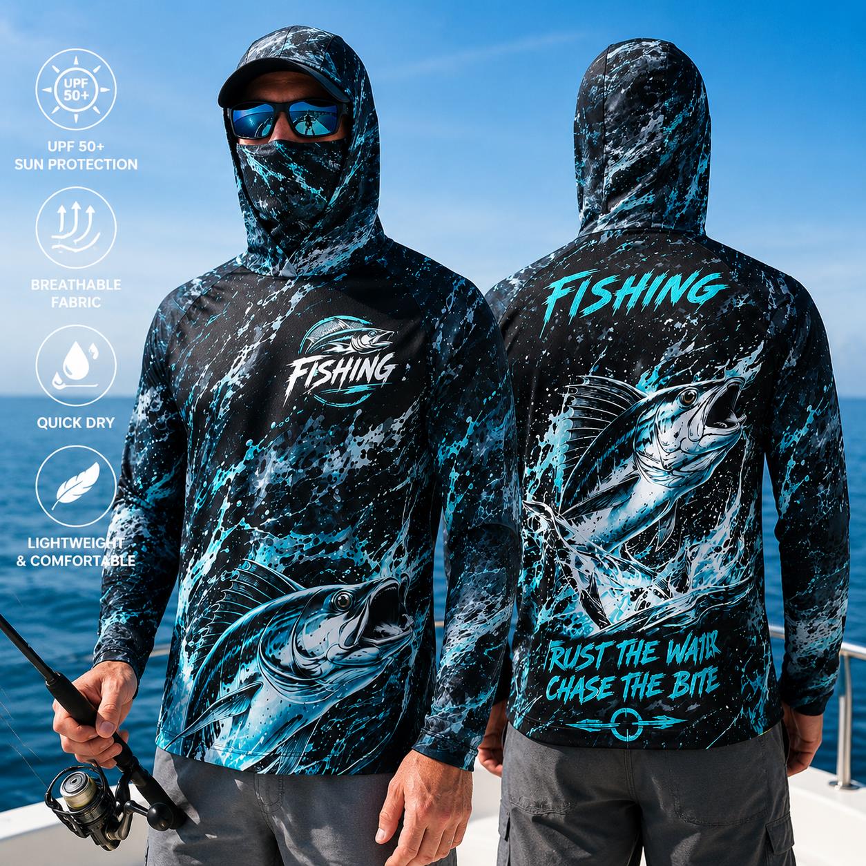 速乾性通気性メンズフィッシングフーディー グラデーションバス - Fishing Hoodie のレビューと価格