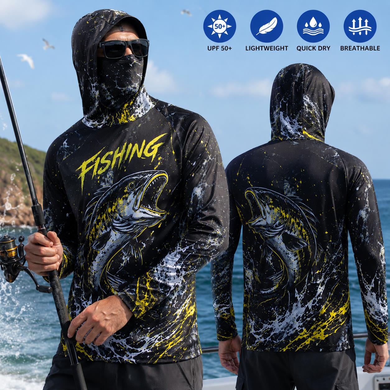 速乾性通気性メンズフィッシングフーディー グラデーションバス - Fishing Hoodie のレビューと価格